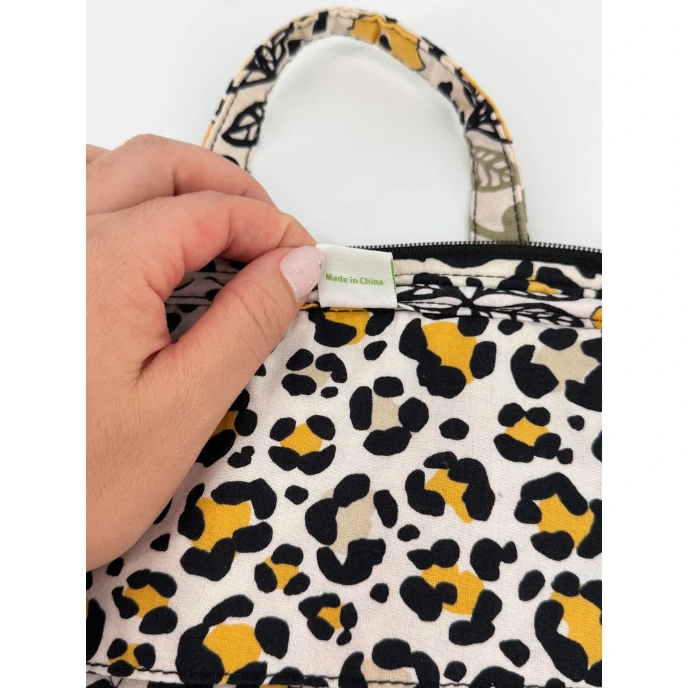 Vera Bradley Quilted Travel Cosmetic Bag Organizer Floral Leopard Yellow Black